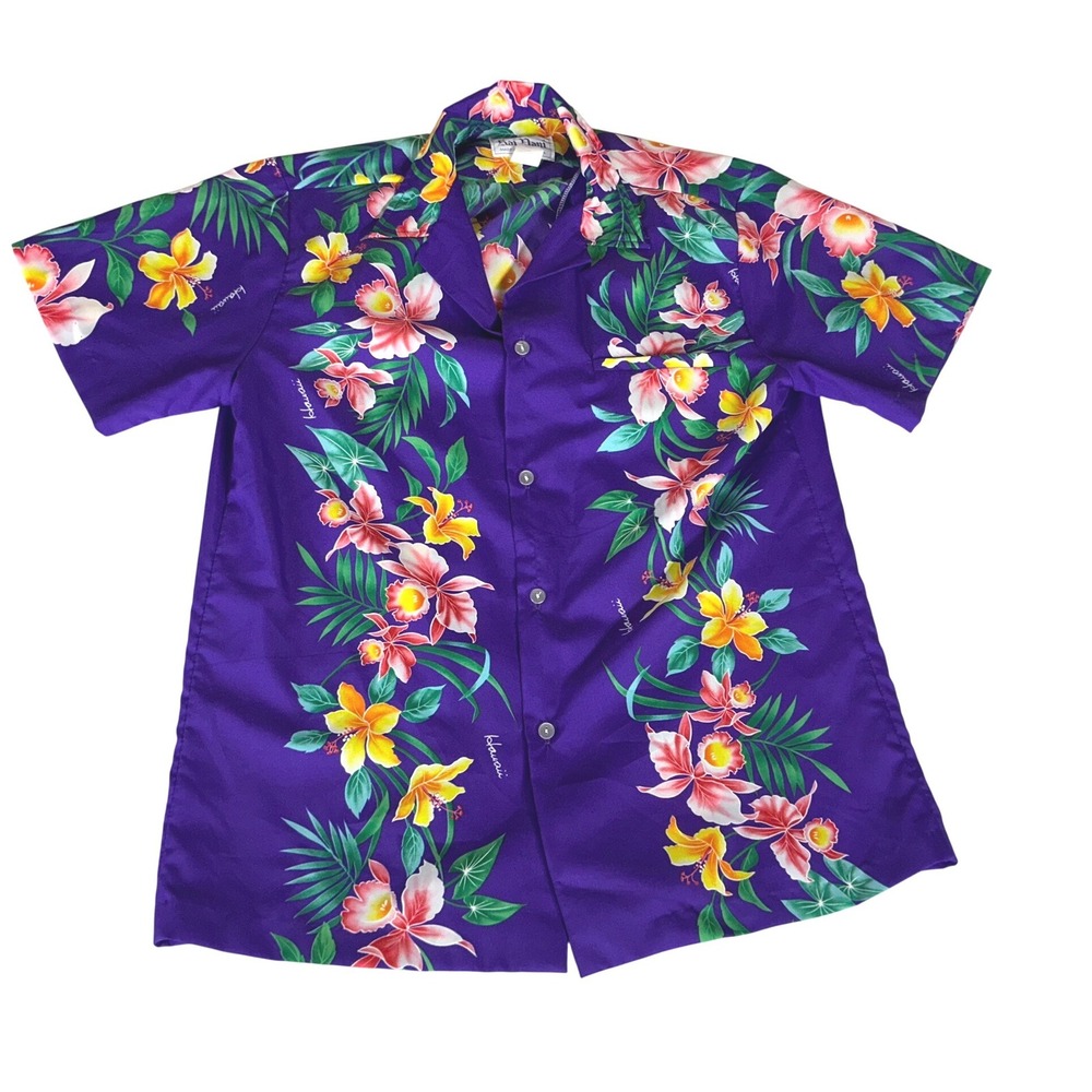 Kai Nani Hawaiian Shirt Mens Medium Purple Floral Orchid Hibiscus Made in Hawaii